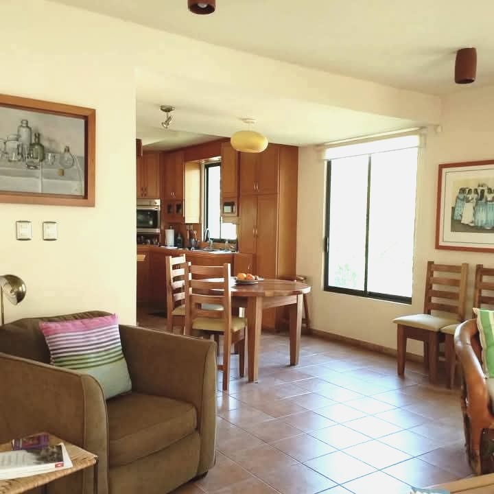 Sunlit living room with brown sofas and french door in three level casa en venta with fireplace and garage in Colonia Loma Linda Oaxaca de Juarez, Mexico real estate