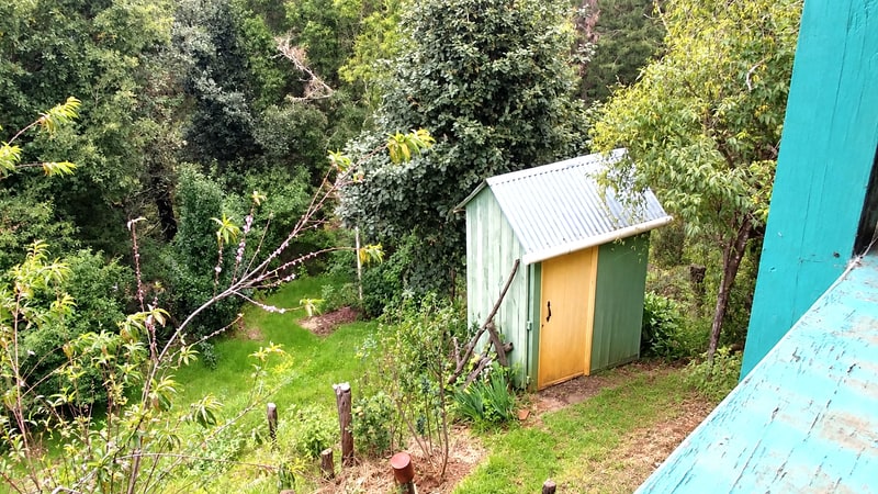 Dry composting toilet on the pine forest lot, eco feature of a mountain property for sale in the Sierra Madre del Sur, Oaxaca