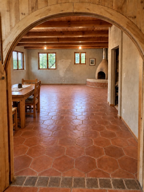 Open living room and kitchen in the main house, furnished cabin for sale in the mountains near San José del Pacífico, Oaxaca, Mexico