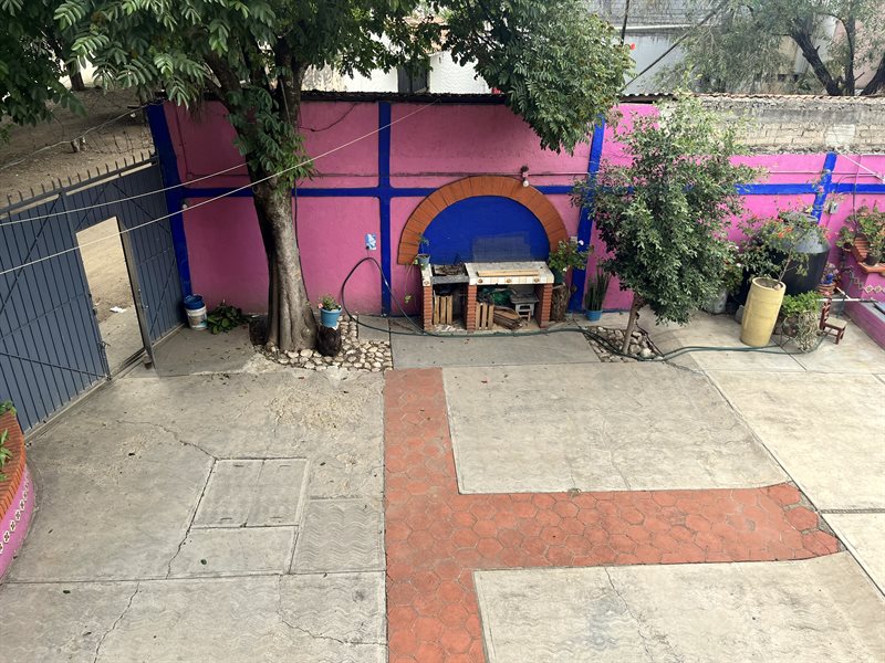 Back patio with brick arch barbecue, countertop and mature shade tree at this Oaxaca investment property