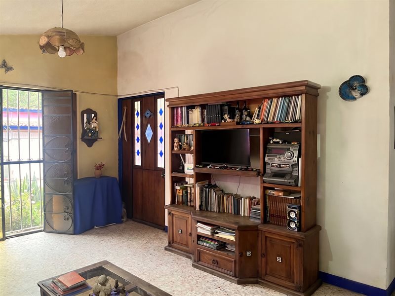 Living room with bookshelves and high sloping ceiling in the open plan main house, Tule Oaxaca Mexico